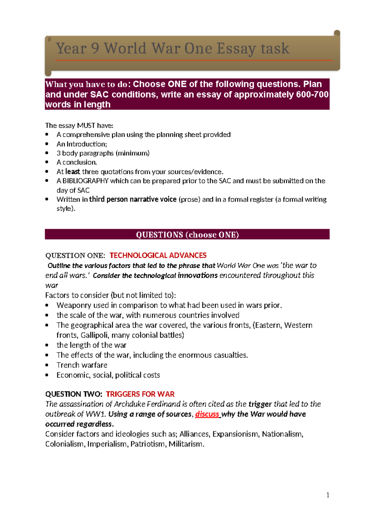 Year 9 WW1 Research Essay Task Sheet (2025) - Studocu
