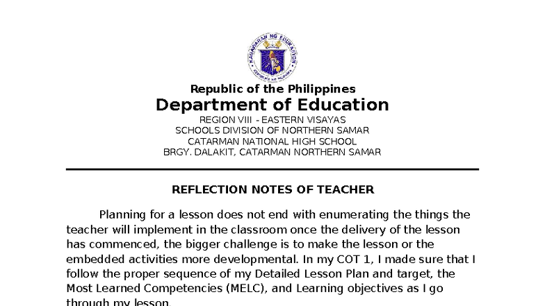 Reflection Notes on Lesson Planning - COT 1 - Studocu