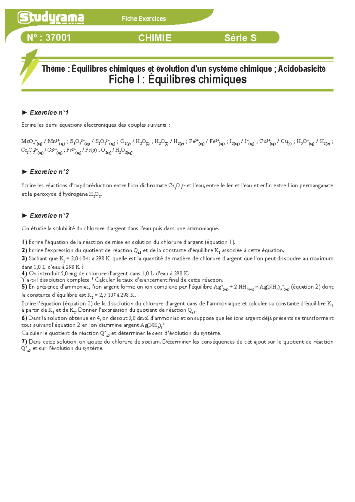 Etat d equilibre d un systeme chimique exercices non corriges 3 - Nº ...