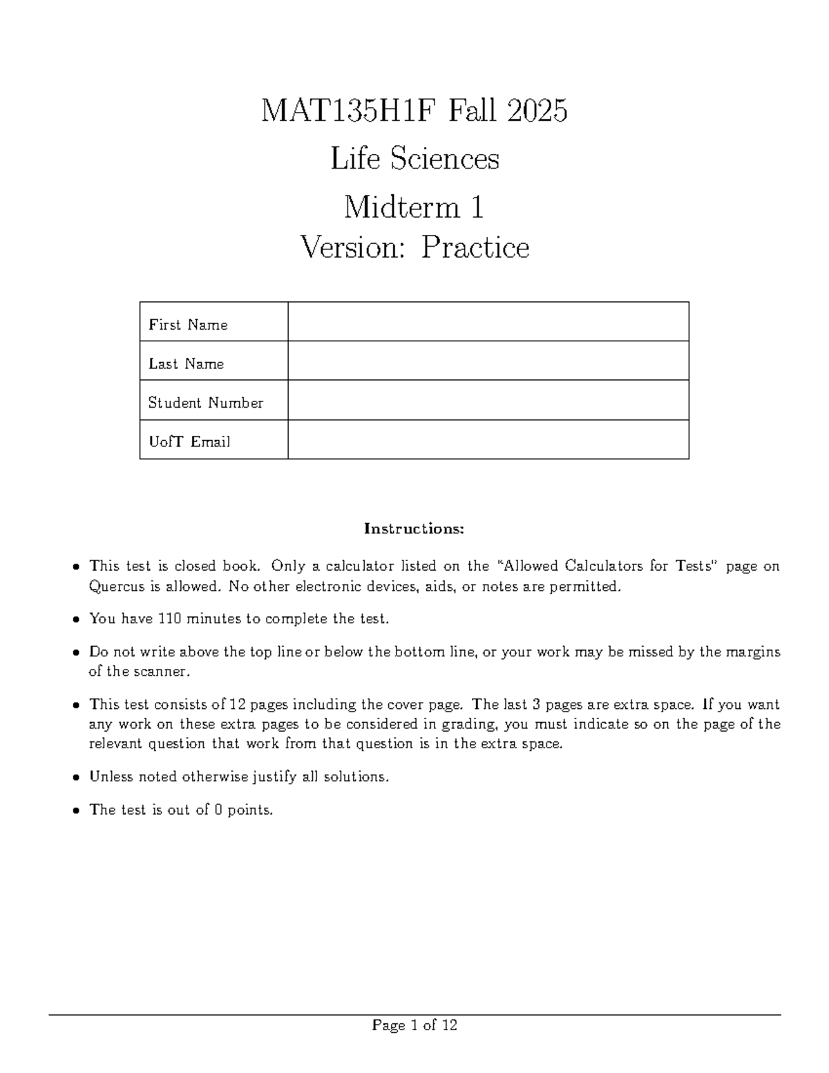 MAT135H1F Fall 2025 Life Sciences Midterm 1 Practice Exam - Studocu