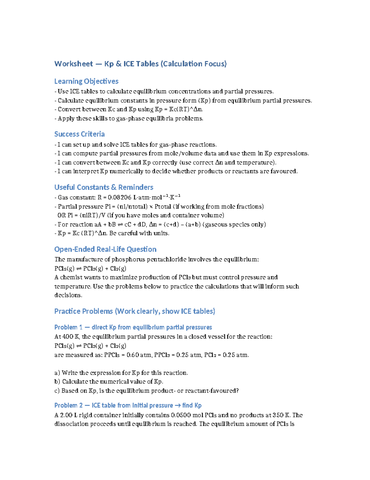 Worksheet Kp ICE Tables: Equilibrium Calculations & Concepts - Studocu
