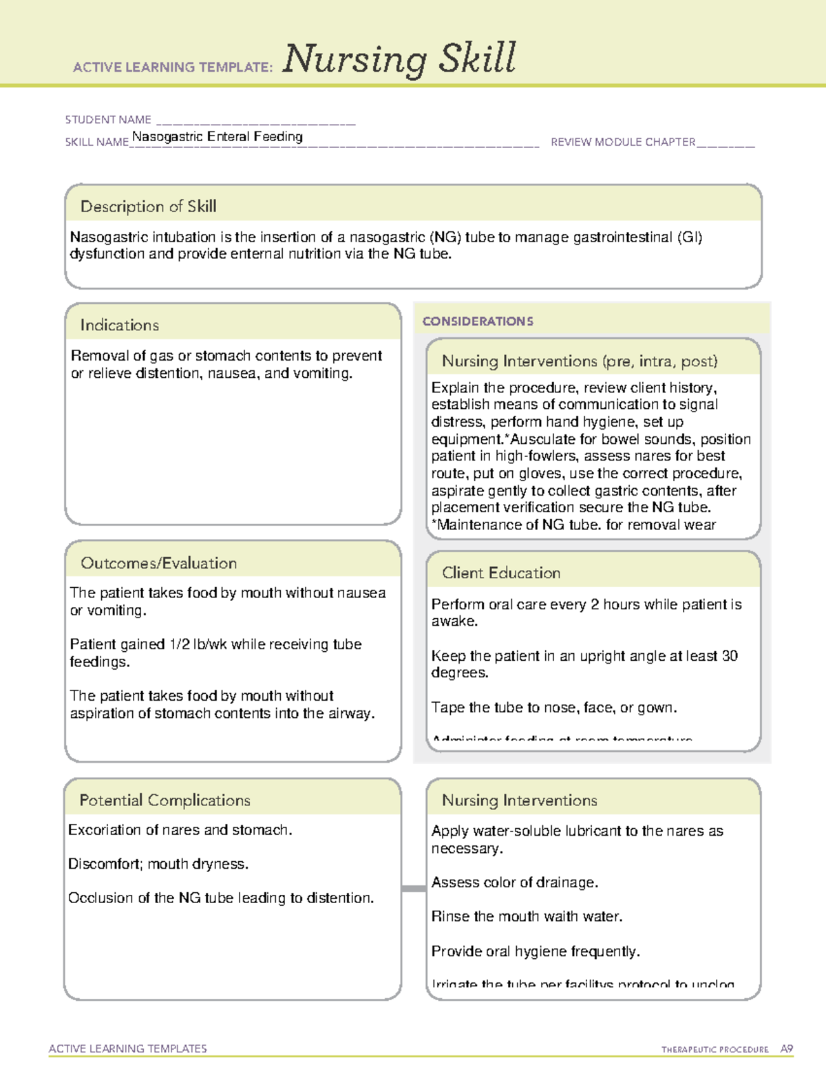 Nasogastric Tube Skill Template for Pediatric Nursing (CS) - Studocu