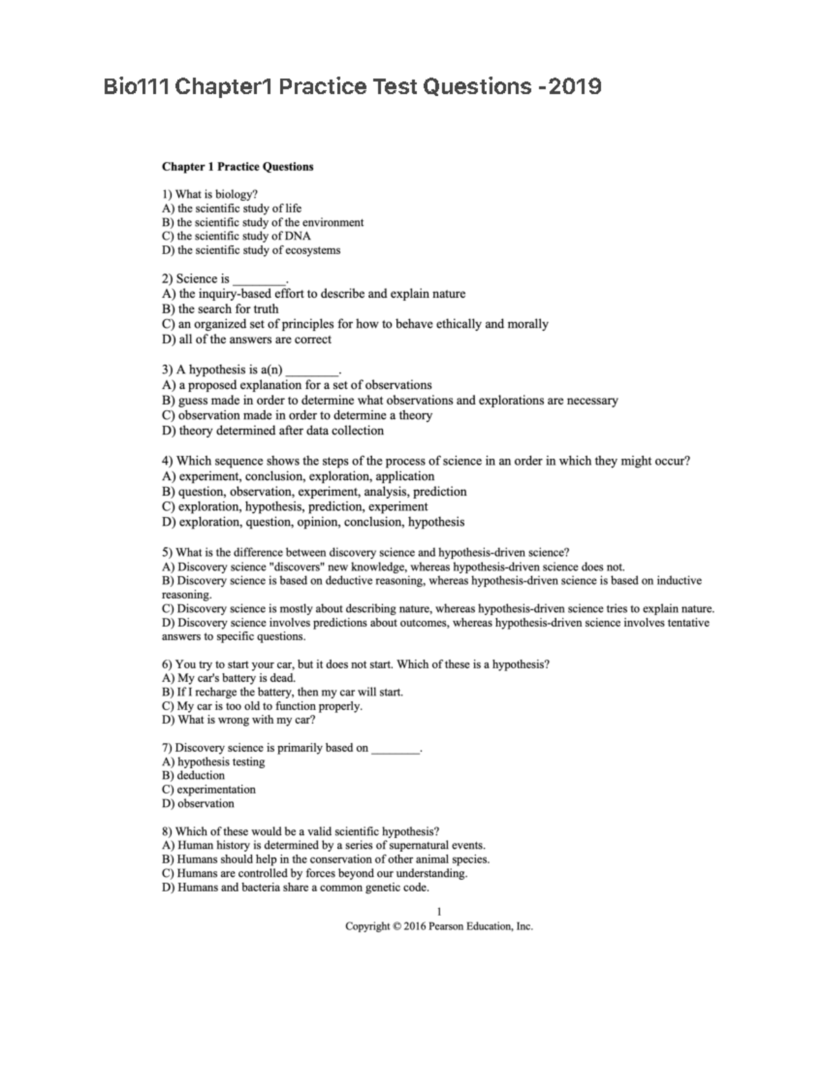 Bio111 Chapter 1 Practice Test Questions - 2019 - Chapter1 Practice ...