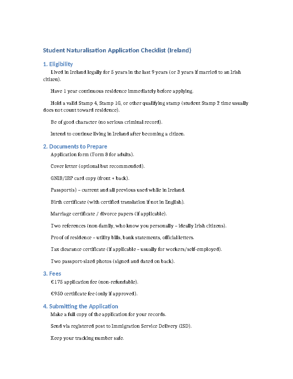 Naturalisation Application Checklist (Ireland) - Studocu