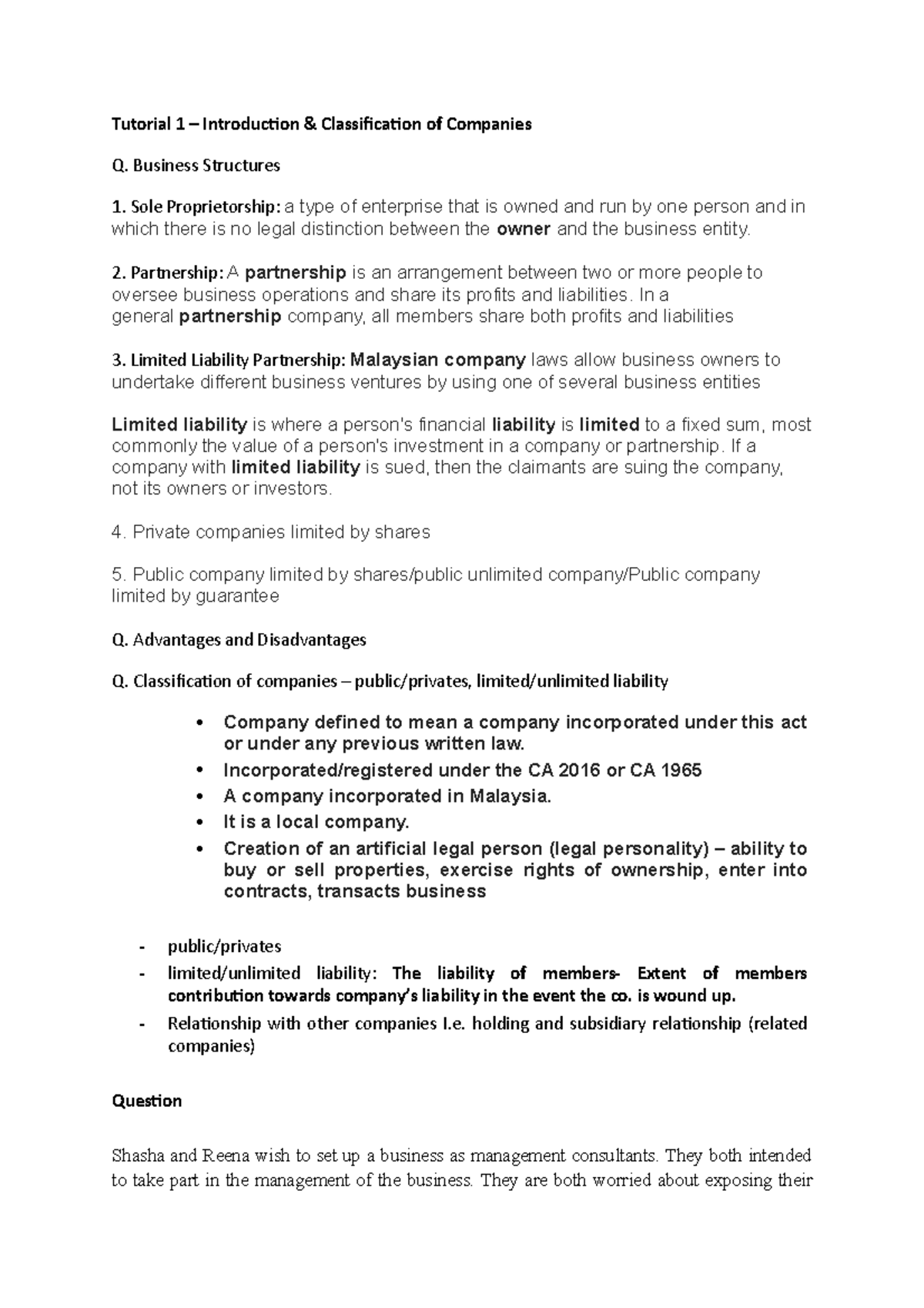 BUS 101 Tutorial 1: Intro & Classification of Business Structures - Studocu