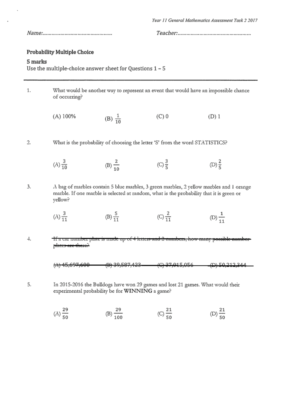 AT2 Yr 11 Mathematics General Exam 2017 - Year 11 General Mathematics ...
