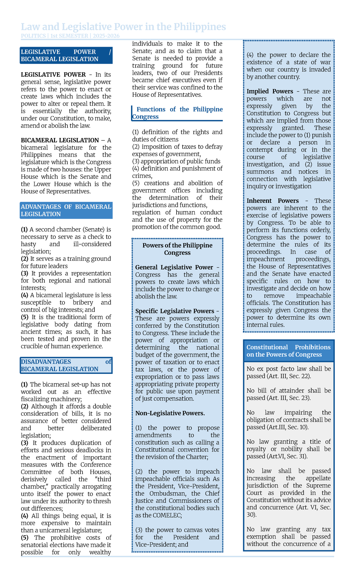Law and Legislative Power in the Philippines: POLITICS 1st SEMESTER ...