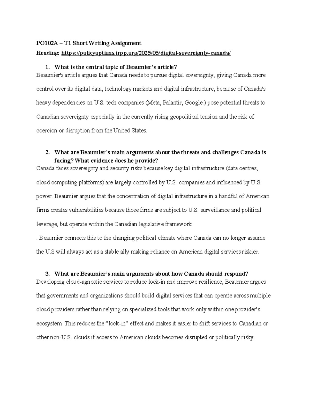 PO102A T2 Tutorial Work: Digital Sovereignty in Canada - Studocu