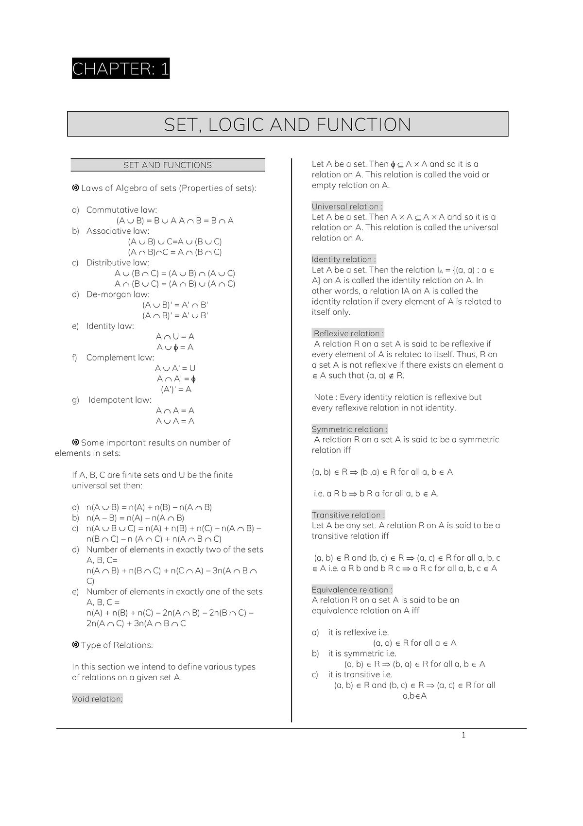 MATH 101: CHAPTER 1 - SETS, LOGIC, AND FUNCTIONS FORMULAS - Studocu