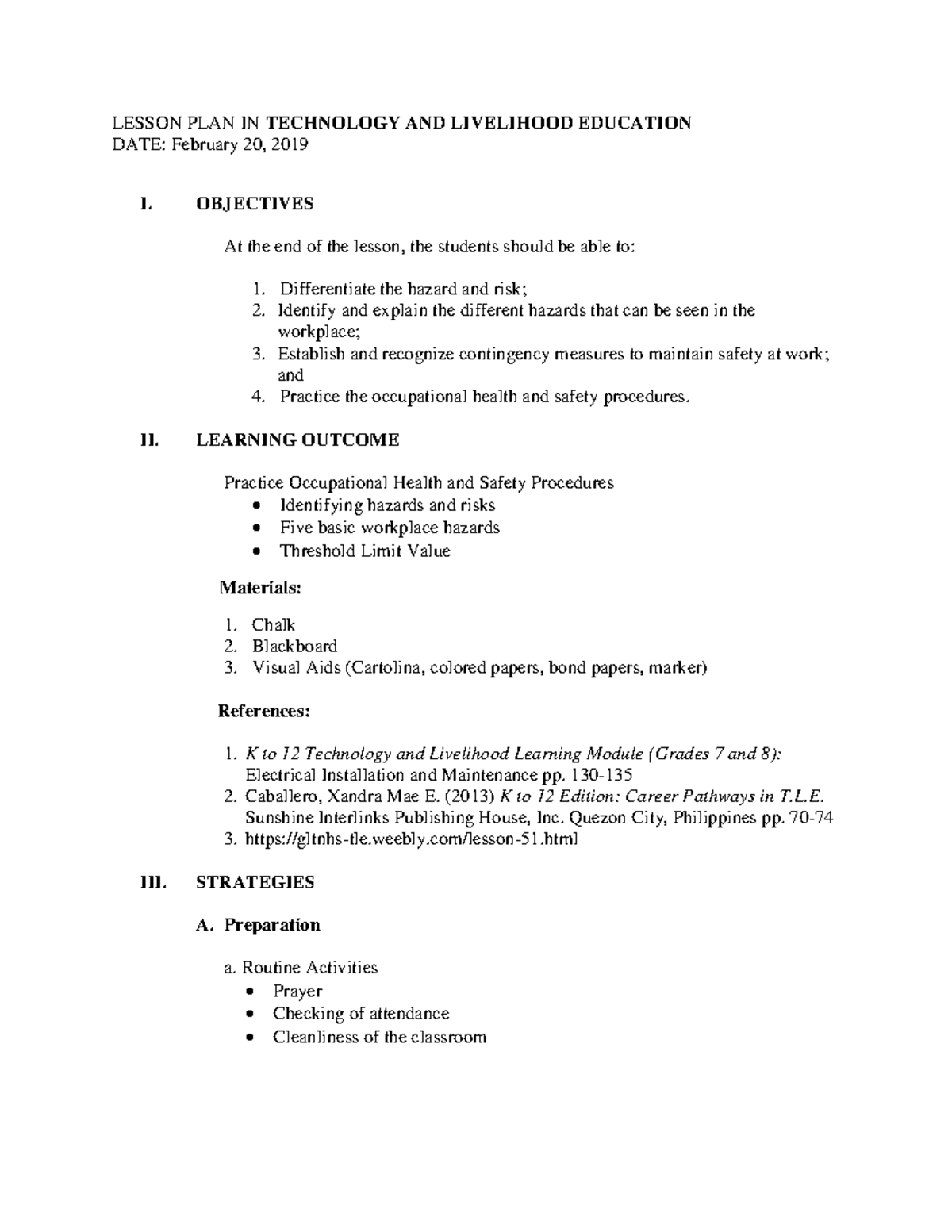 TLE 7-8 Lesson Plan: Identifying Workplace Hazards & Safety Procedures ...