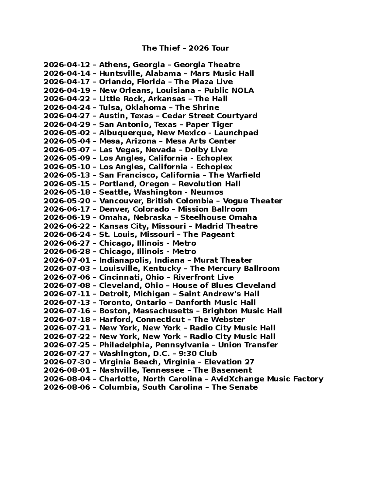 The Thief 2026 Tour: Concert Setlist & Venue Schedule - Studocu