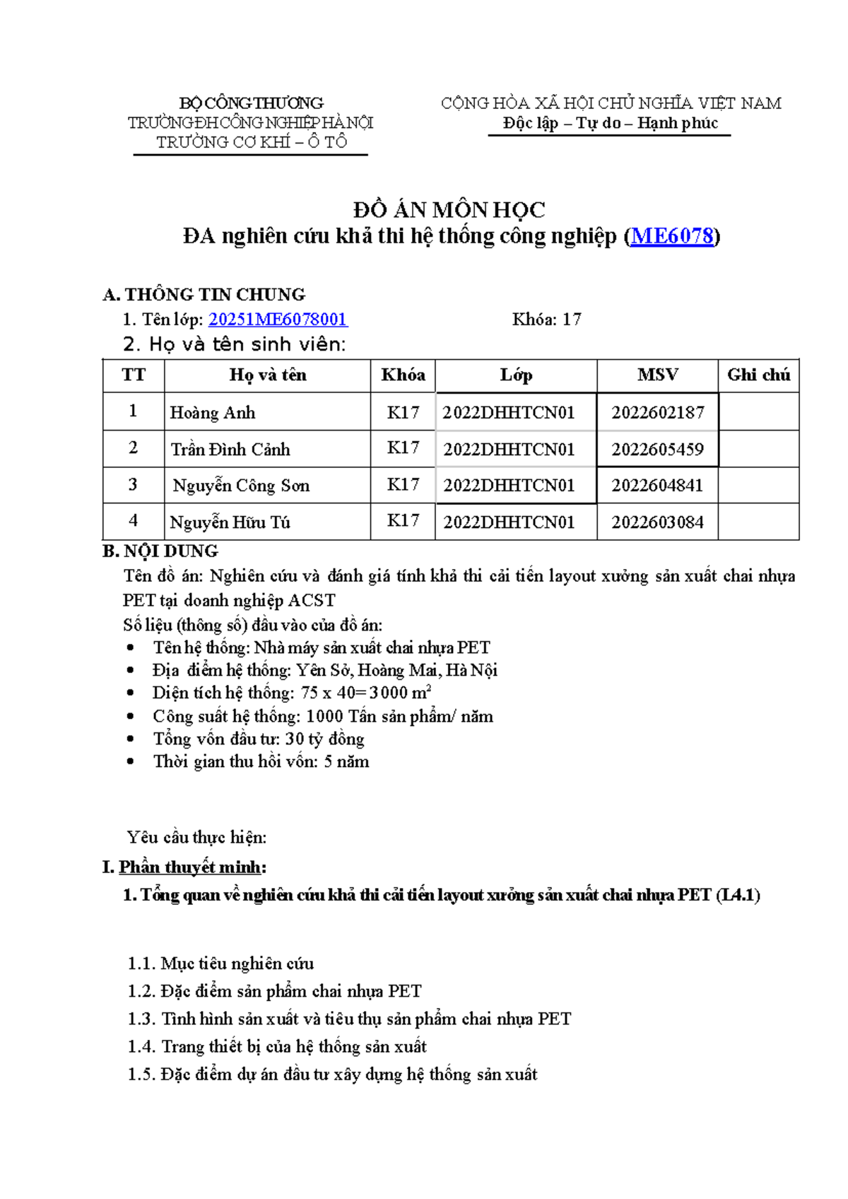 Đồ Án Môn Học Nghiên Cứu Khả Thi Cải Tiến Layout Xưởng PET (ME6078 ...