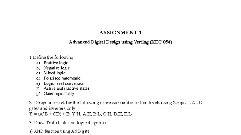 Assignment 1: Advanced Digital Design (KEC 054) - Logic Circuits and ...