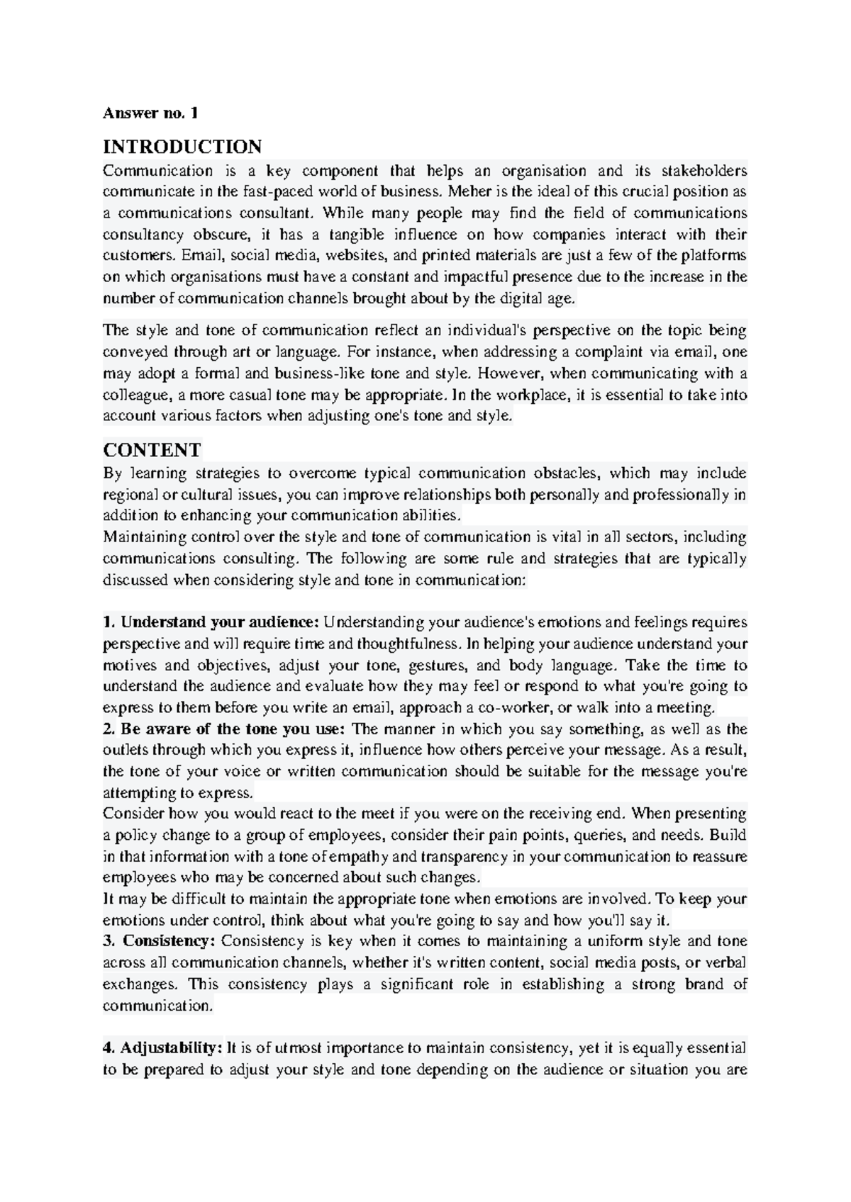 Business Communication - Answer no. 1 INTRODUCTION Communication is a ...