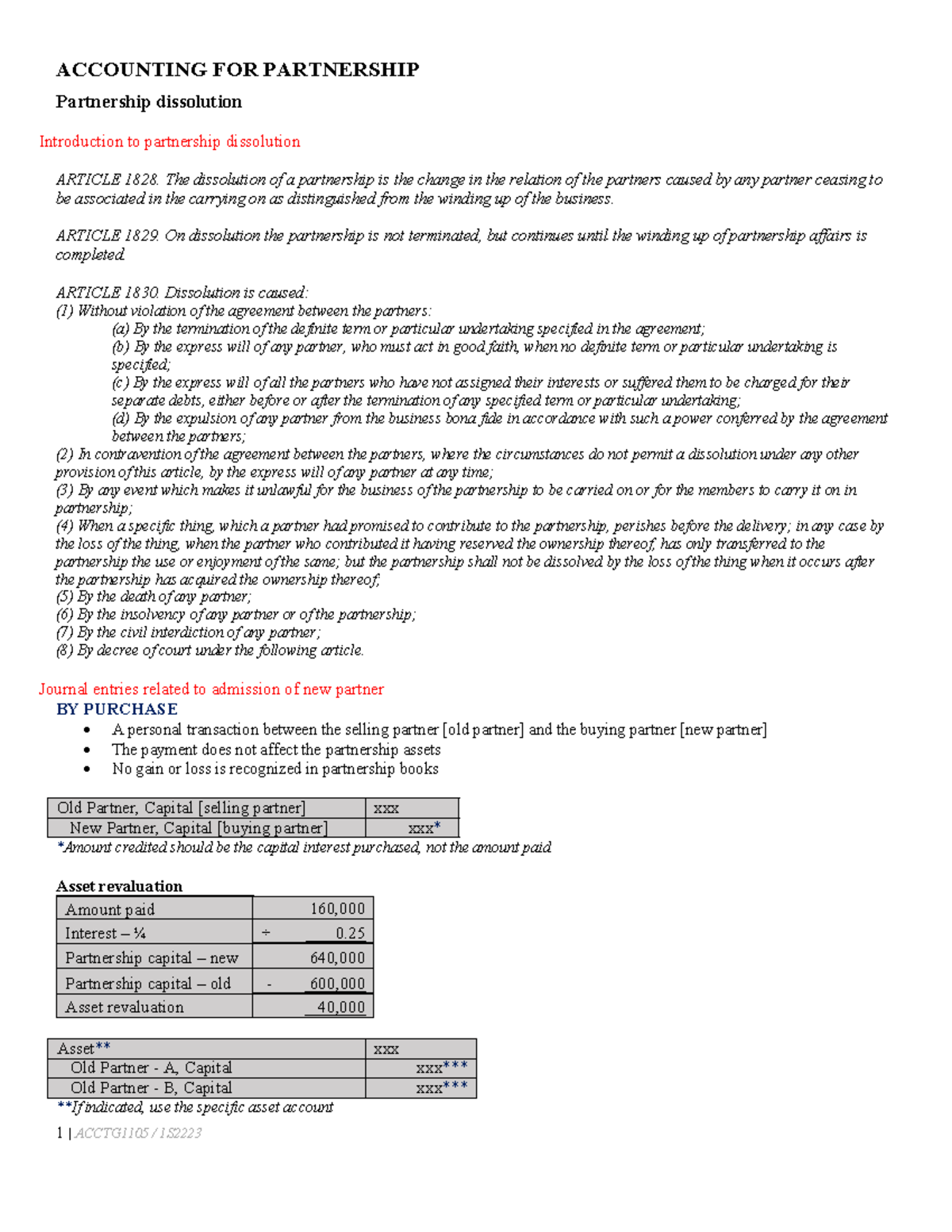 1105 Prtnrshp Dissolution Supplements - ACCOUNTING FOR PARTNERSHIP ...