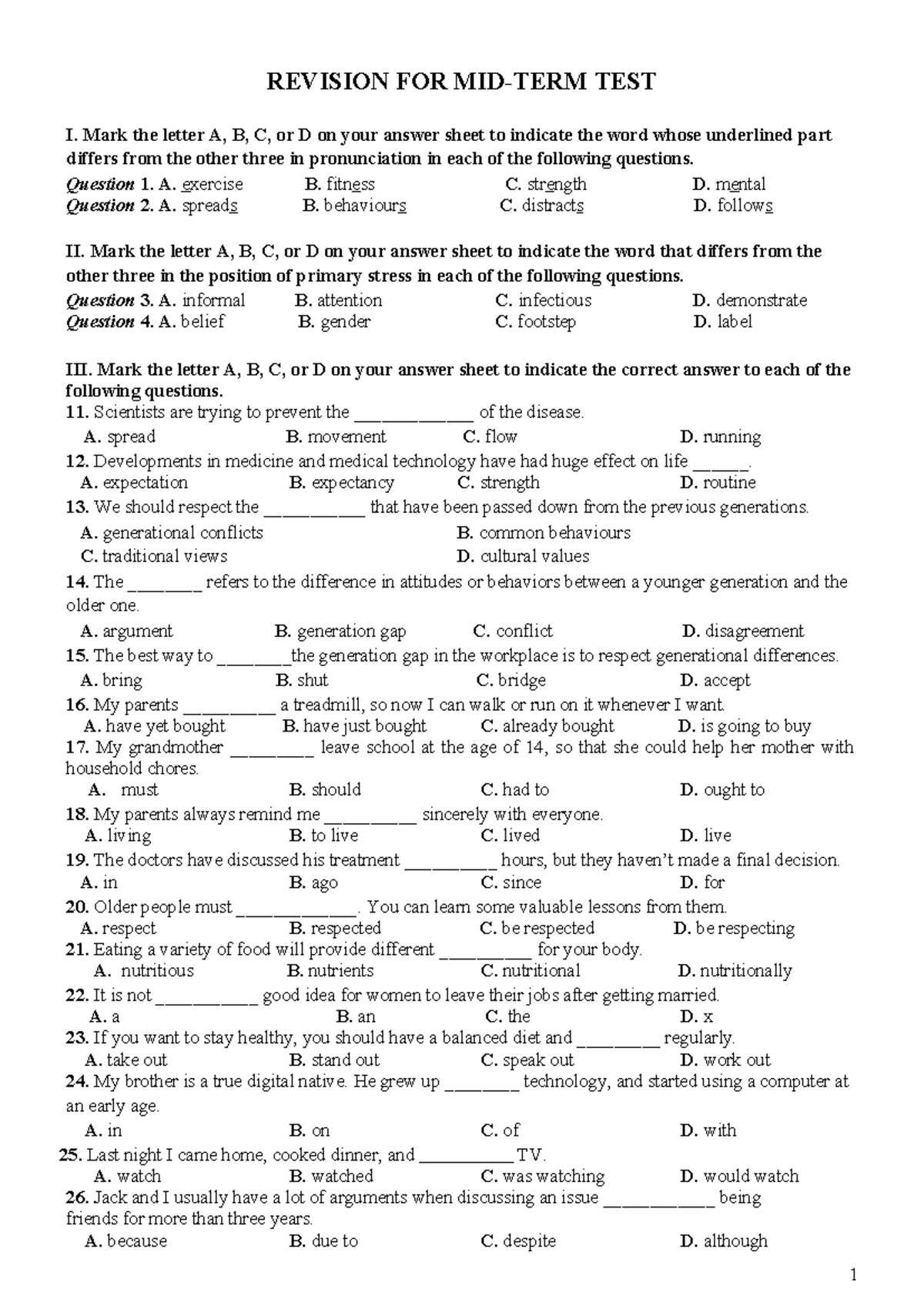 Revision for Midterm 1 - Pronunciation and Grammar Exercises - Studocu