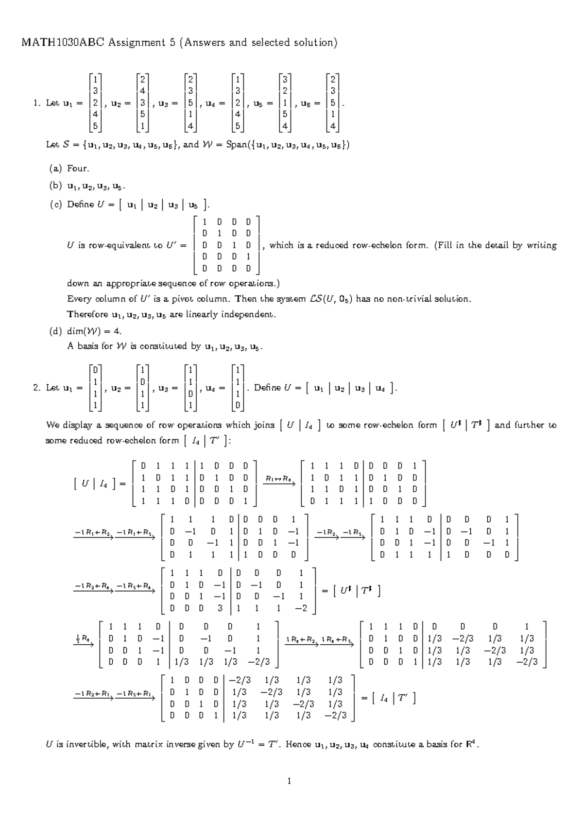 MATH1030ABC Assignment 5 Solutions and Selected Answers - Studocu
