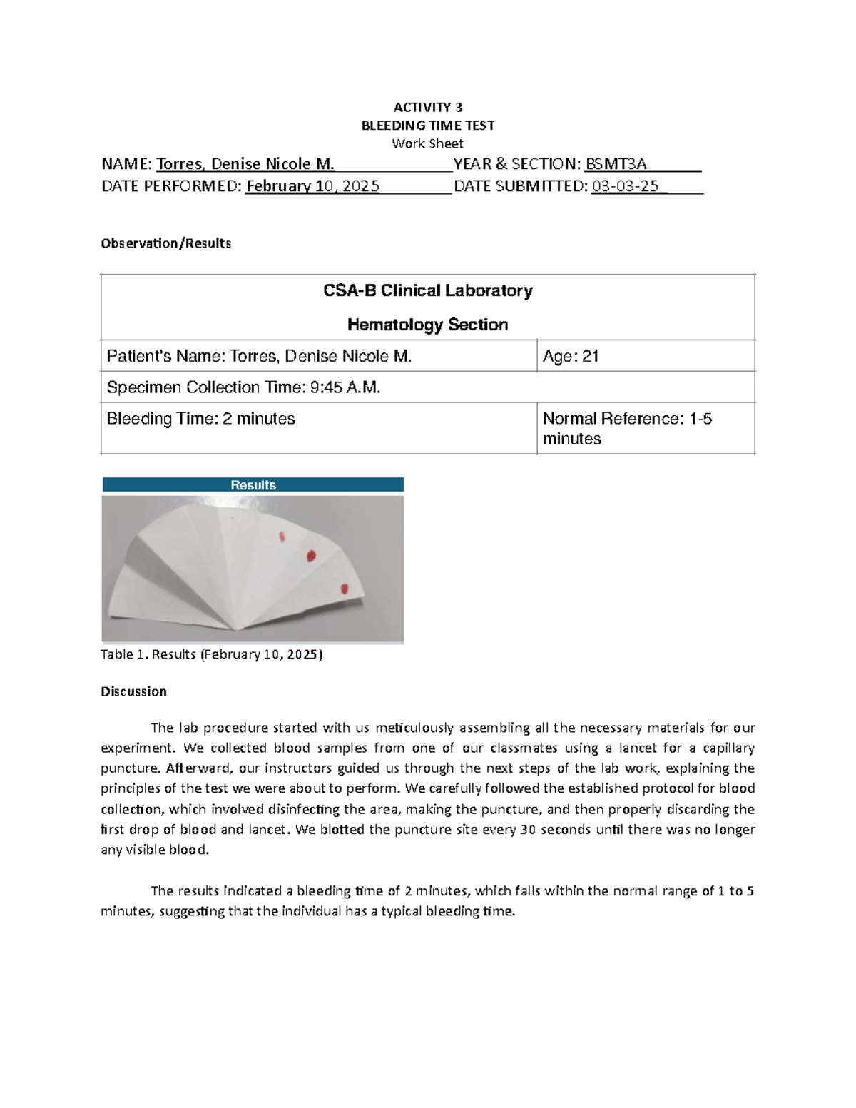 3A-LAB: Bleeding Time Test Report and Analysis - Studocu