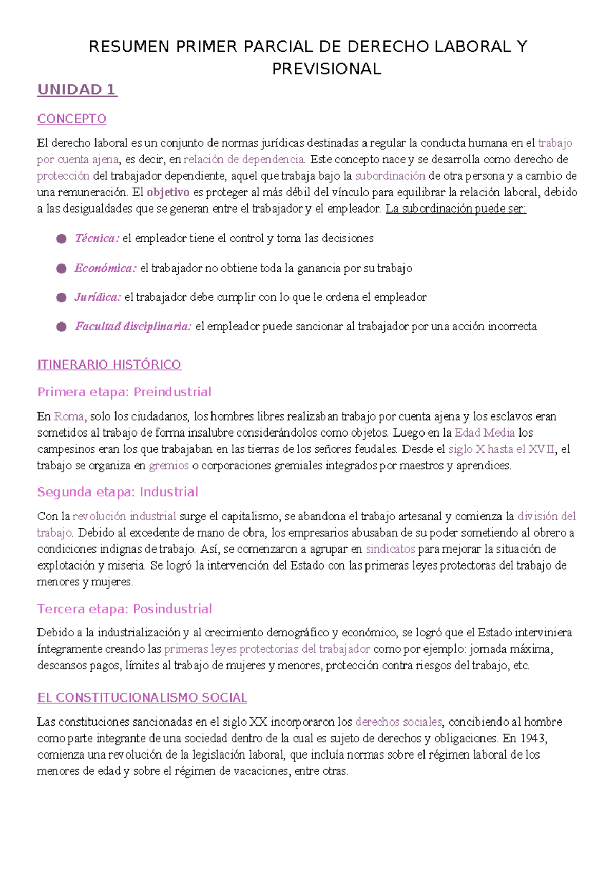 Resumen Primer Parcial de Derecho Laboral y Previsional - Unidad 1 ...