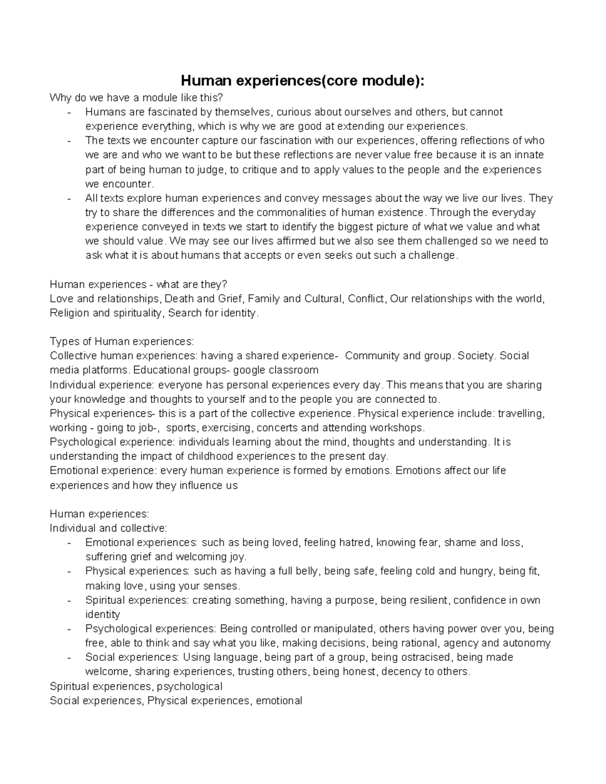 Core Module: Summary of Human Experiences and Their Significance - Studocu
