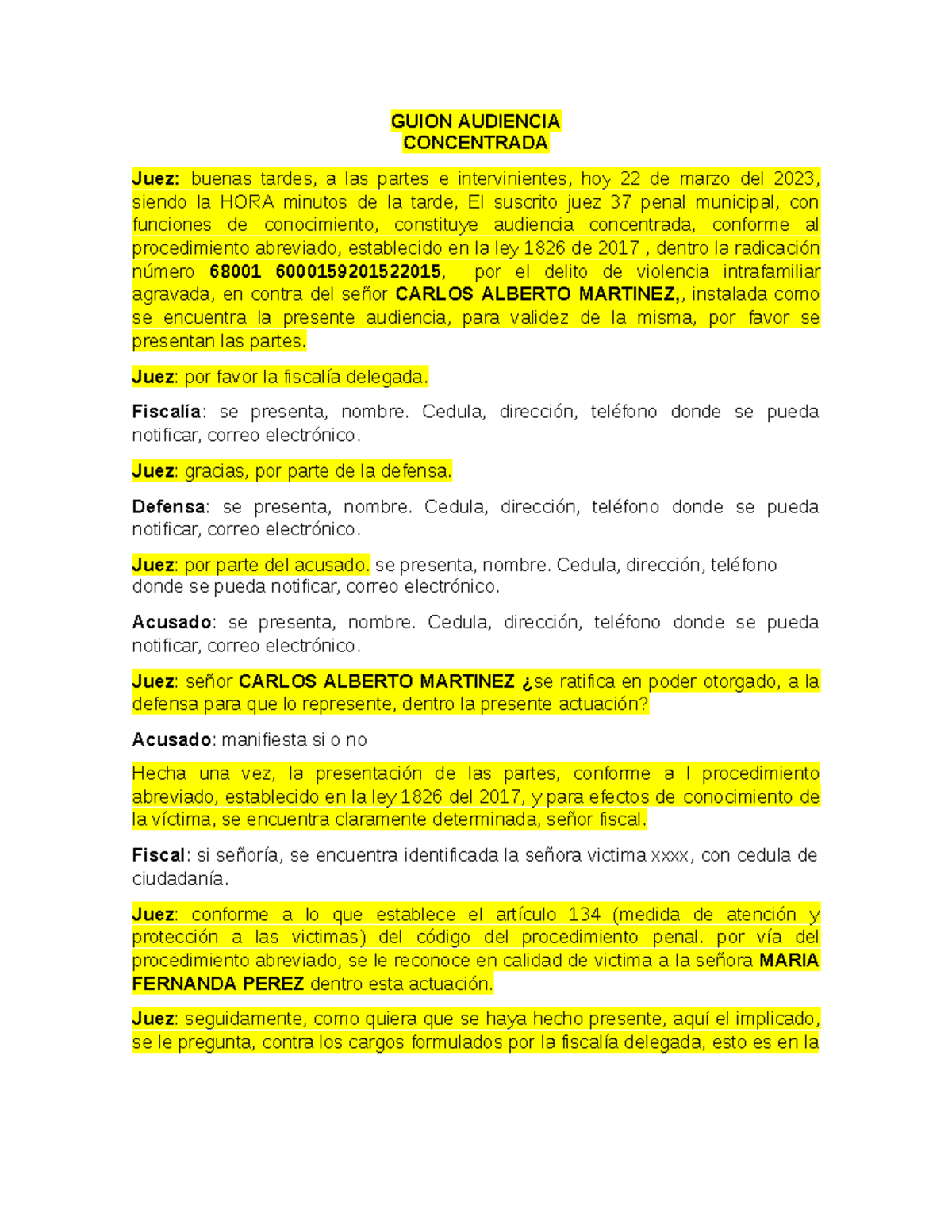 Guion de Audiencia Concentrada - Delito de Violencia Intrafamiliar - Document Preview