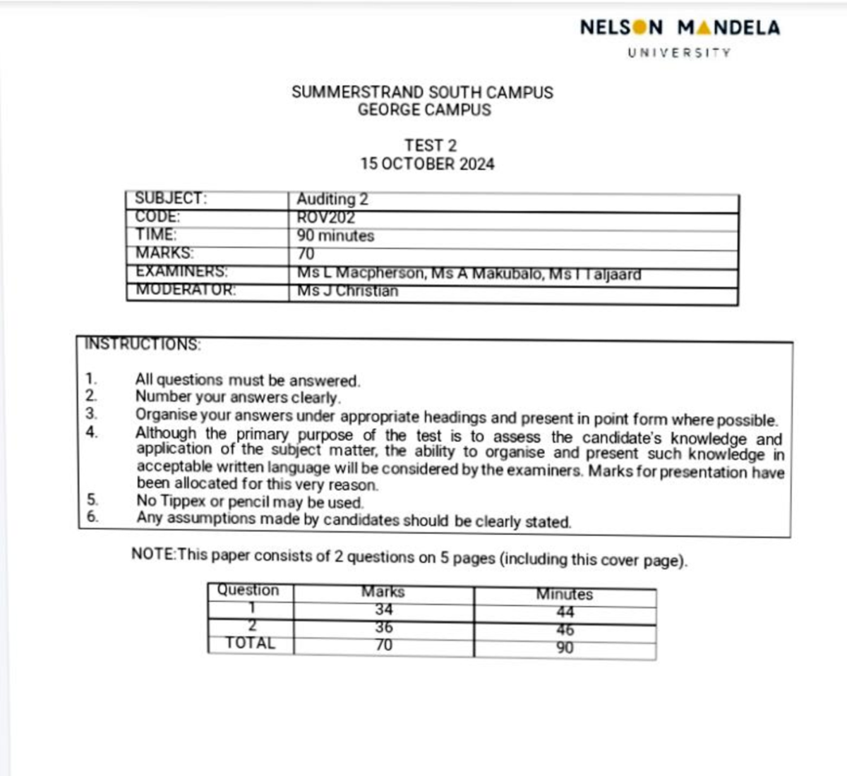 ROV202 2024 Test 2 - Auditing Practice Question Paper - Studocu