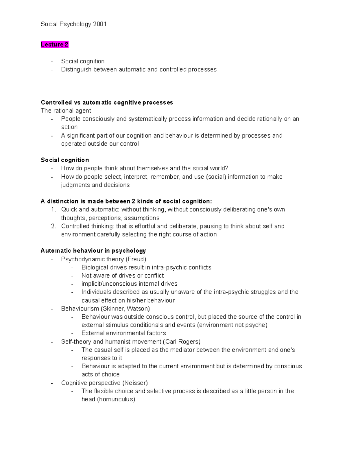 2001 Lecture Notes - Lecture 2 - Social cognition - Distinguish between ...