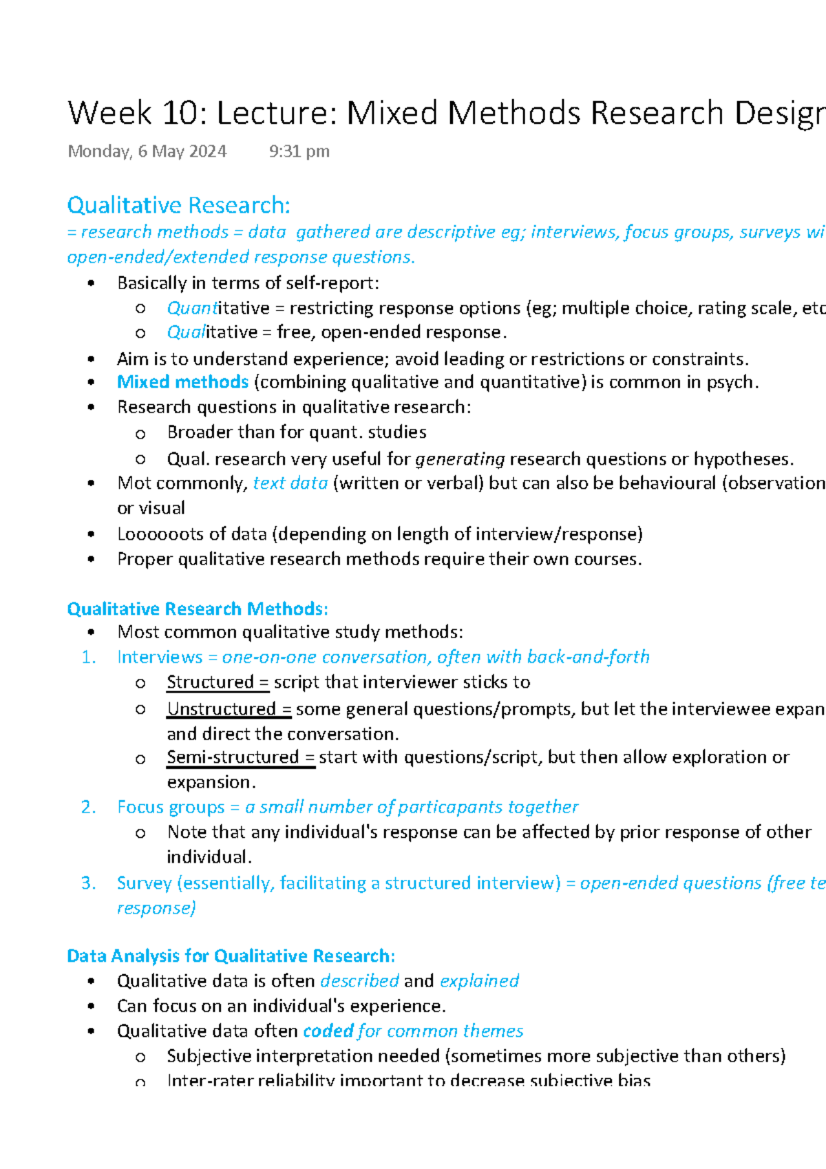 Week 10: Lecture on Mixed Methods Research Design (Qual & Quant) - Studocu