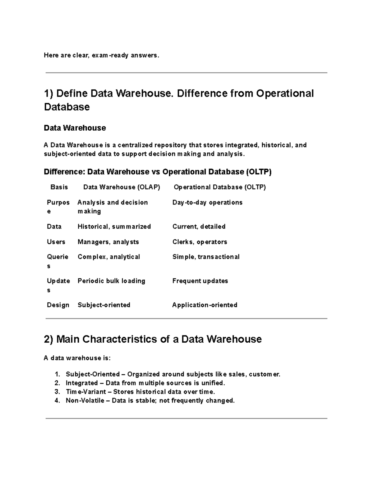 Data Warehouse Concepts and OLAP Techniques - Revision Notes - Studocu