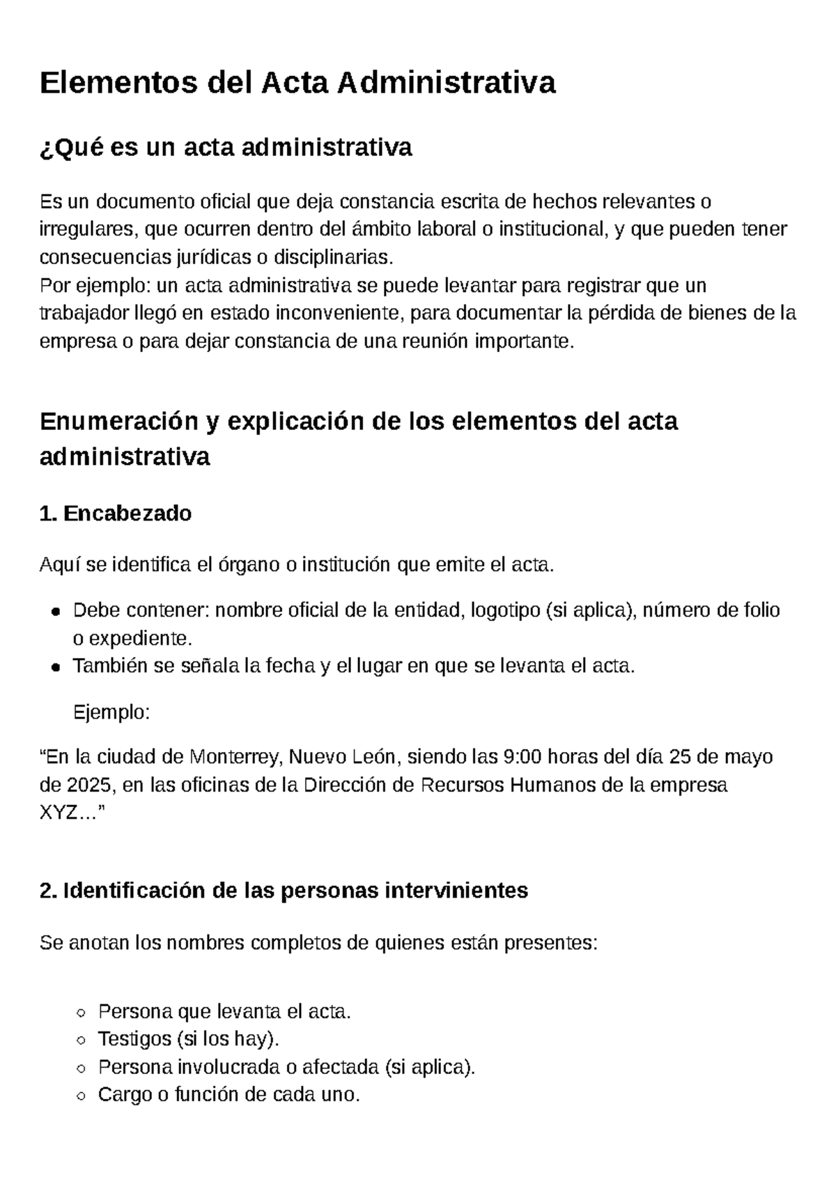 Elementos del Acta Administrativa: Guía Completa y Ejemplos - Studocu