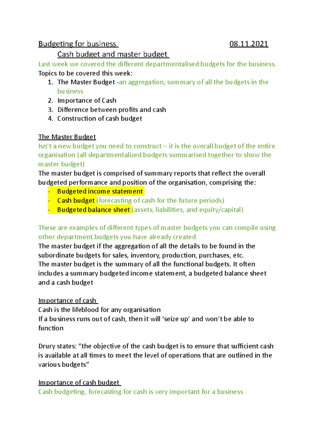 Cash Budget & Master Budget Lecture Notes (Financial Management) - Studocu