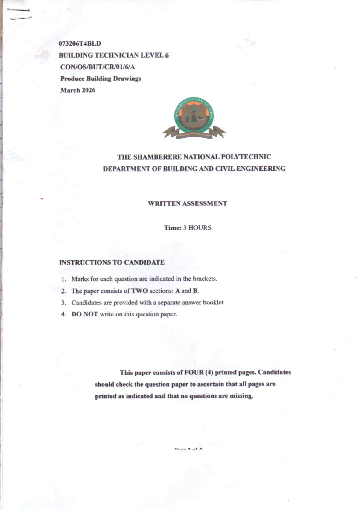 073206T4BLD Building Technician Level: Assessment on Architectural ...