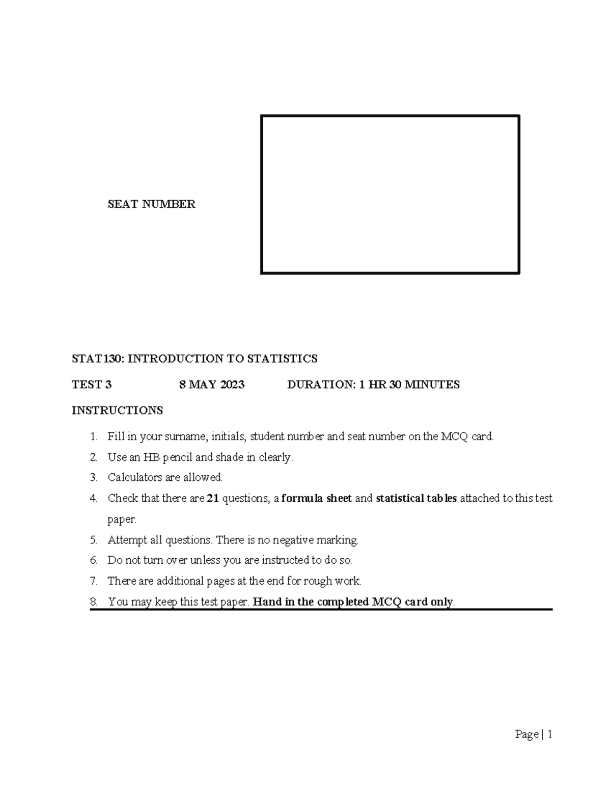 STAT130 - 2019 Sem 2 Final Exam - Statistics Practice Questions - Studocu