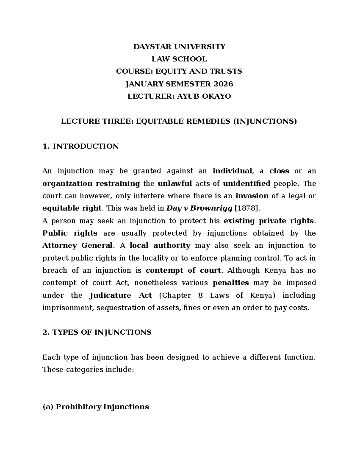 Equity and Trusts (LAW 202) Lecture 3: Equitable Remedies (Injunctions ...