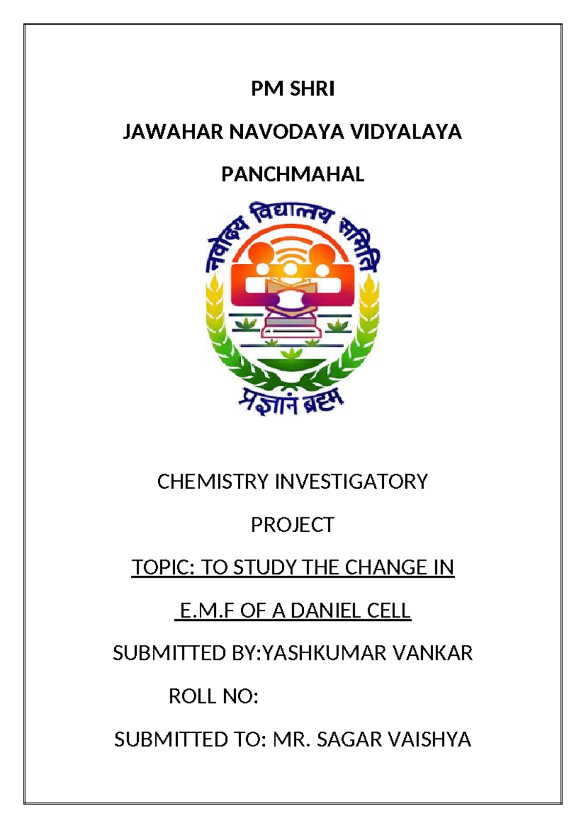 Chemistry Investigatory Project: EMF Change in Daniel Cell (Chm 12 ...