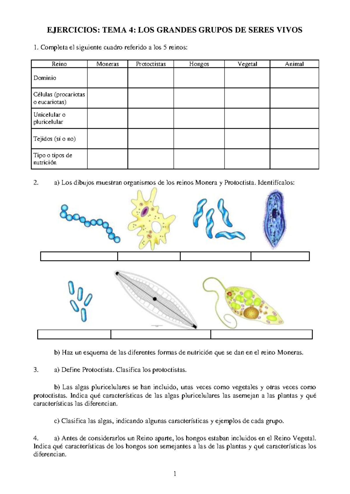 Ejercicios sobre los 5 Reinos de Seres Vivos - Tema 4 - Studocu