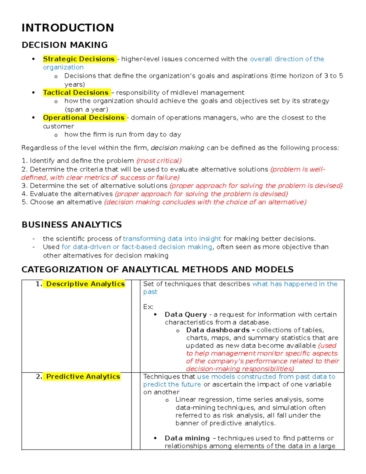 Introduction - Business Analytics - INTRODUCTION DECISION MAKING ...