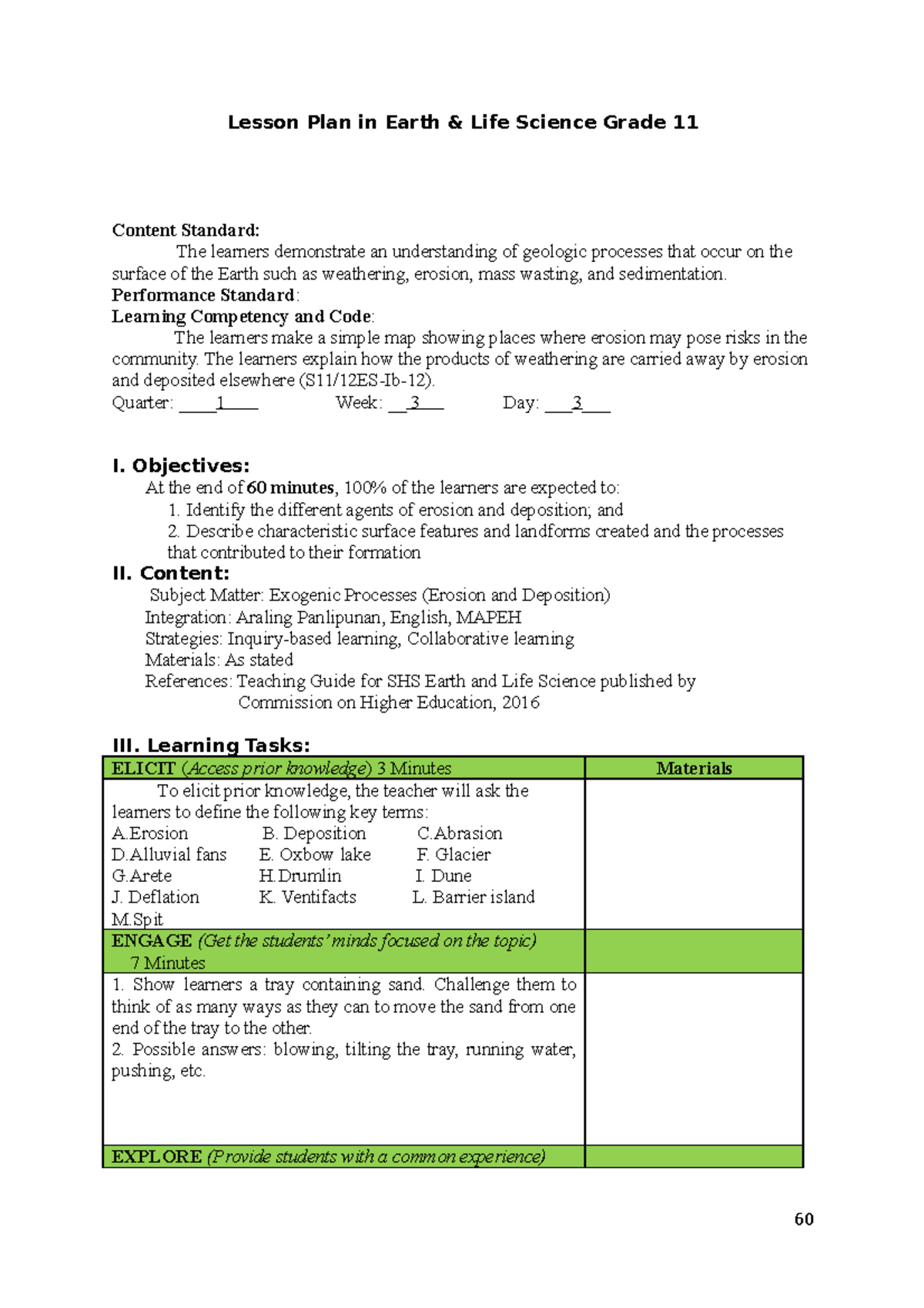 LC 12 - Lesson Plan for Grade 11 Earth & Life Science: Erosion