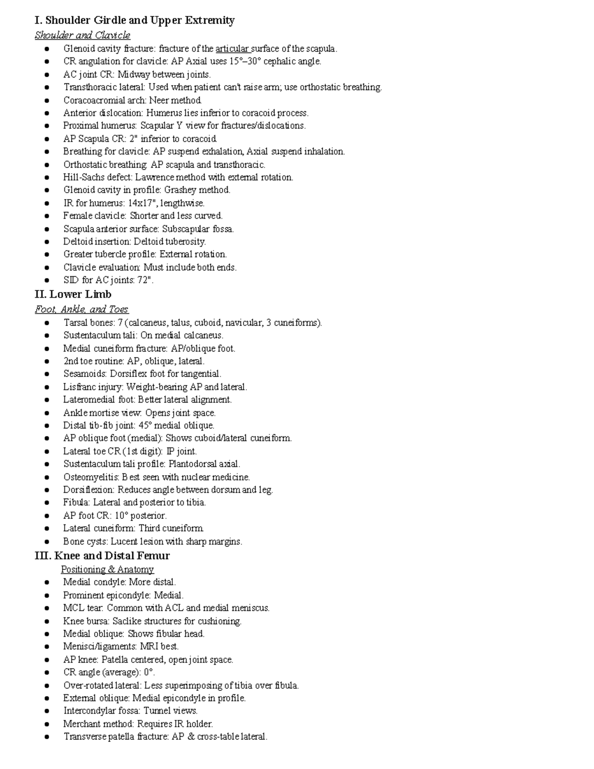 Procedures Final Study Guide: Shoulder, Lower Limb, and Knee Anatomy ...