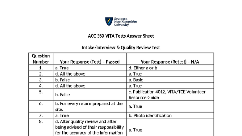 ACC 350 VITA Quality Review Test Answer Sheet - Studocu