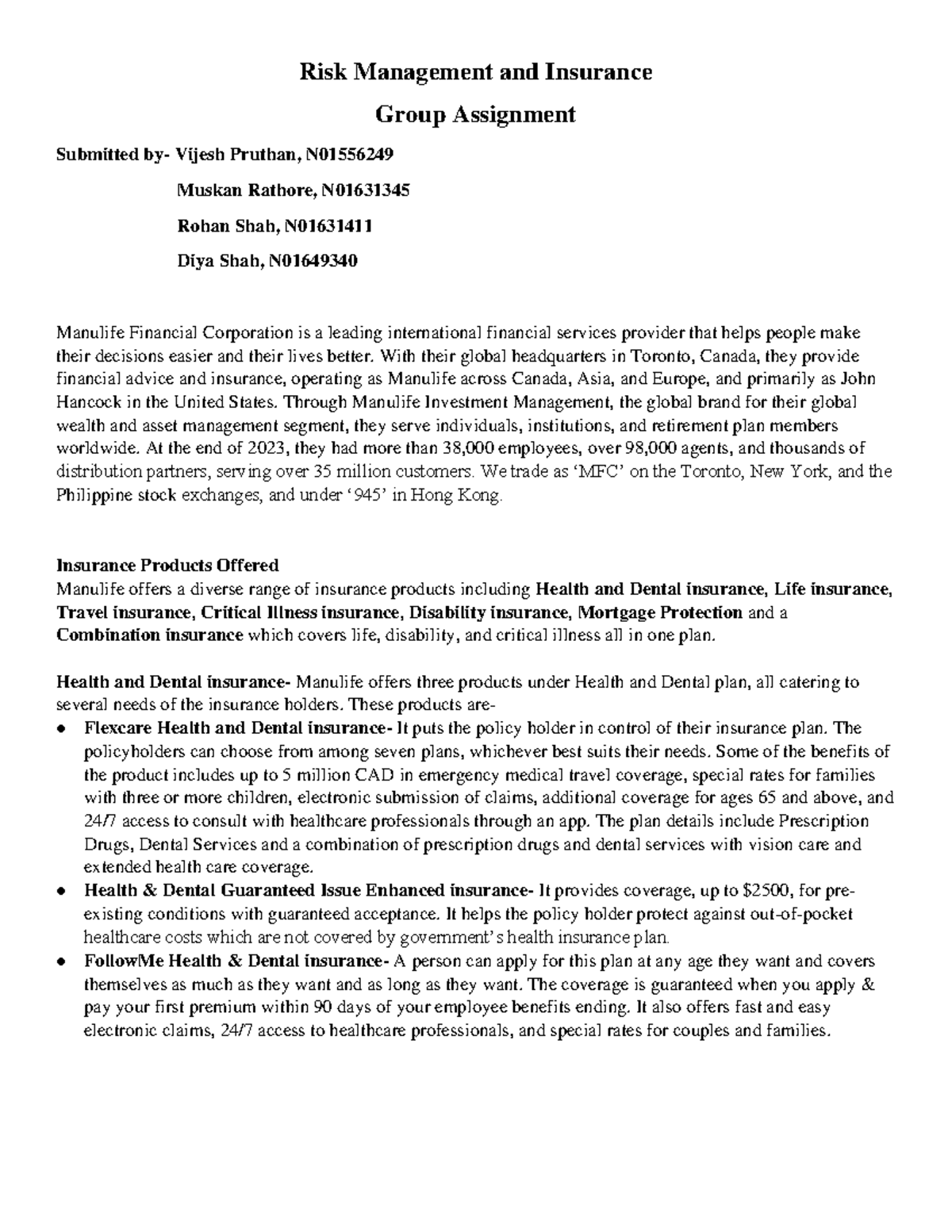 Group Assignment on Risk Management & Insurance: Manulife Overview ...
