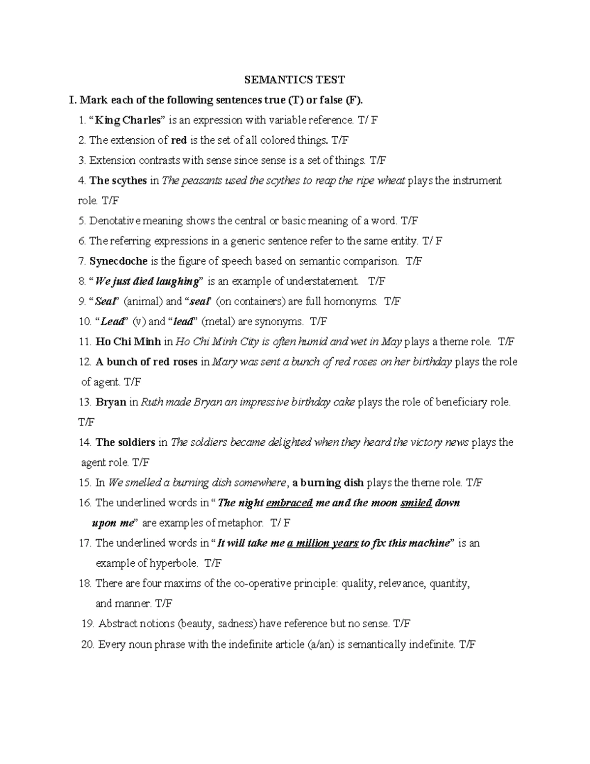 SEMANTICS TEST I - True/False Questions and Explanations - Studocu