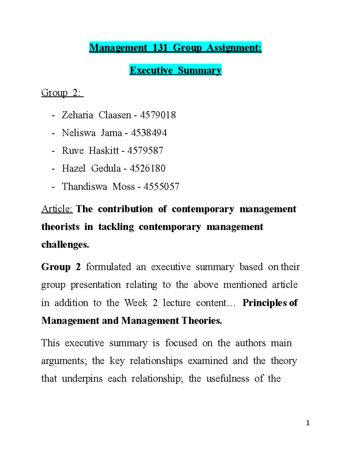 MAN131 Group 2 Assignment: Executive Summary on Management Theories ...