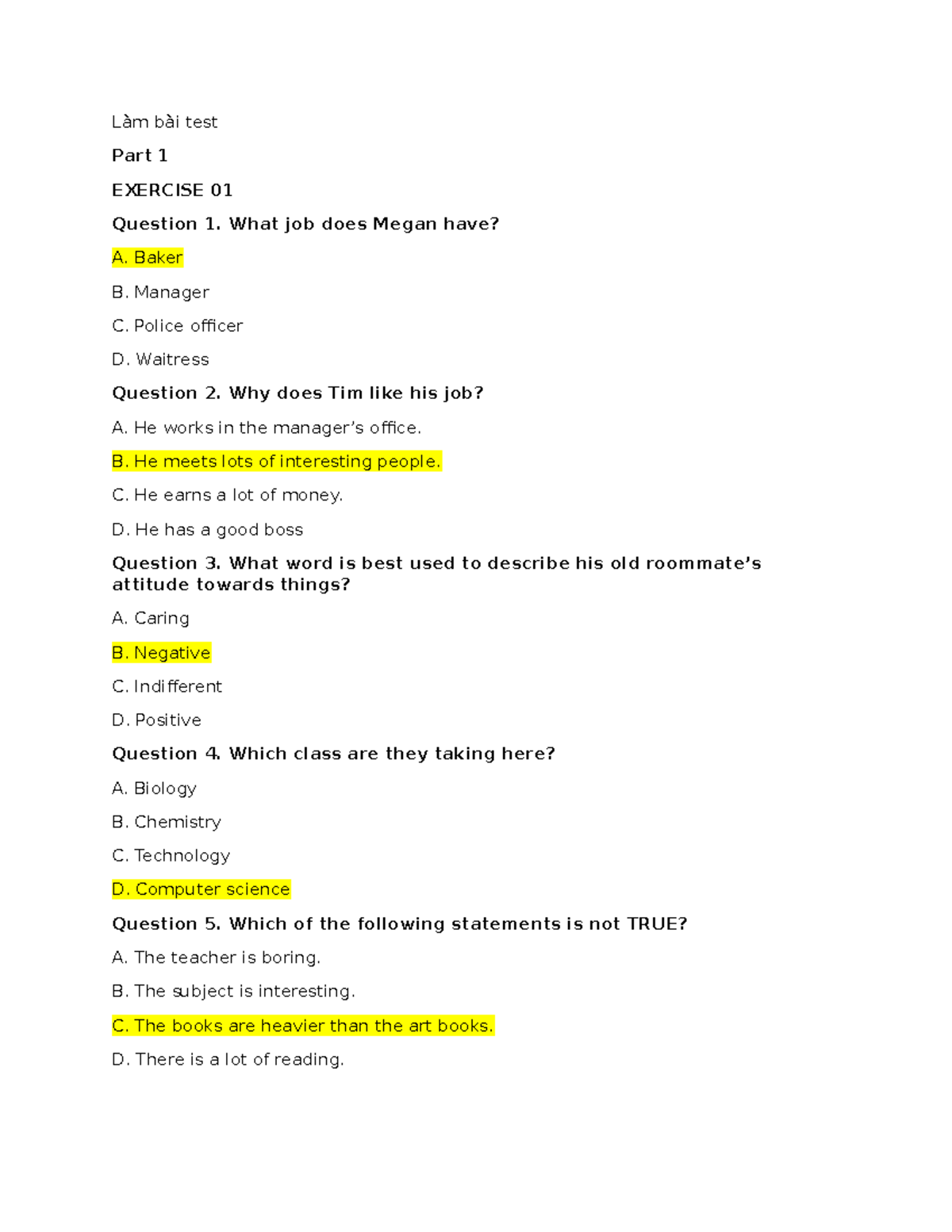 Làm bài test Part 1 & 2 - Exercise Questions and Answers - Studocu