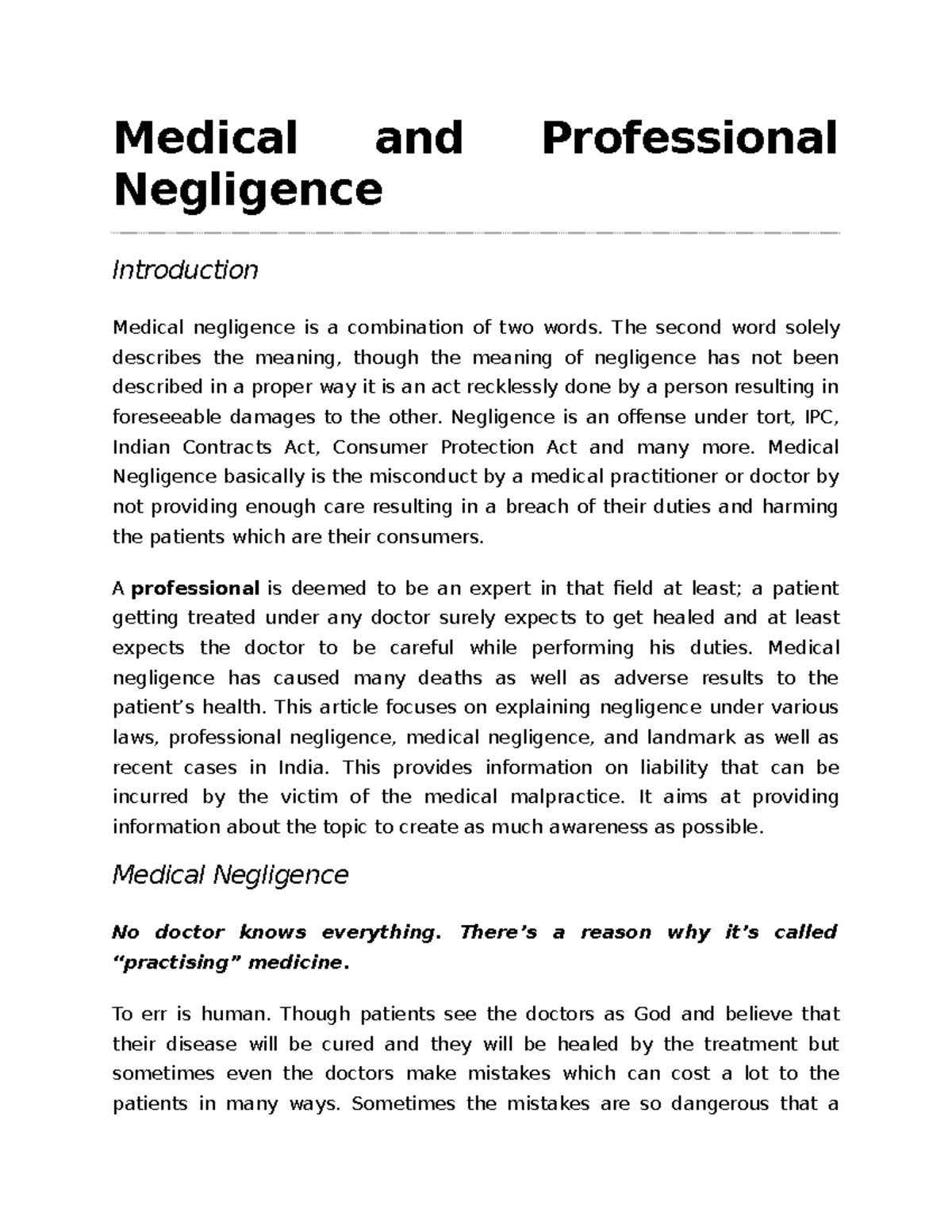 CH-11 Medical & Professional Negligence: A Comprehensive Overview - Studocu