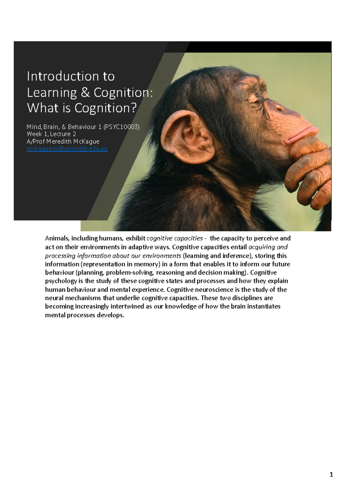 PSYC10003 Week 1 Lecture 2: Introduction to Learning & Cognition 2023 ...