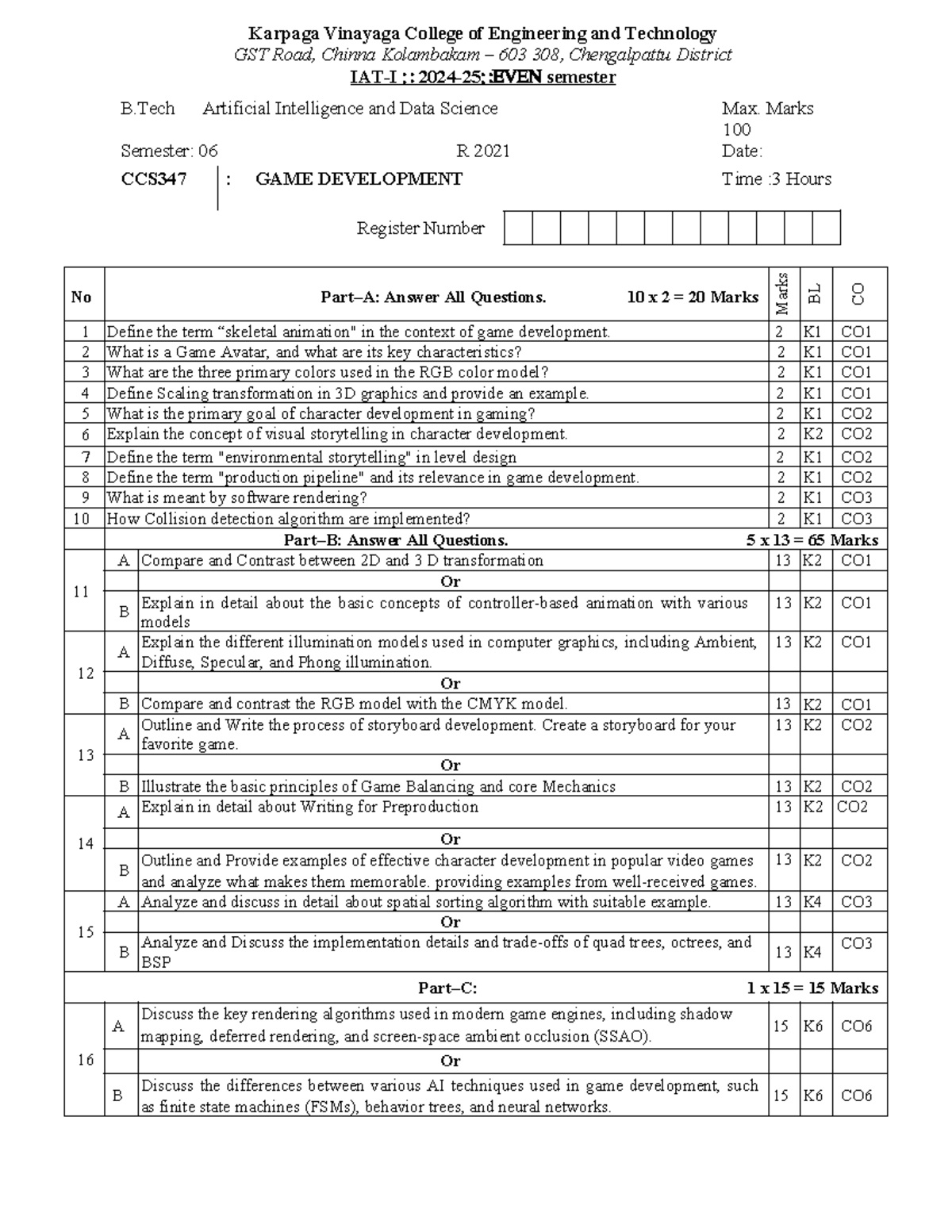 IAT 1 Set 2 - CCS347 Game Development Exam Questions - Studocu