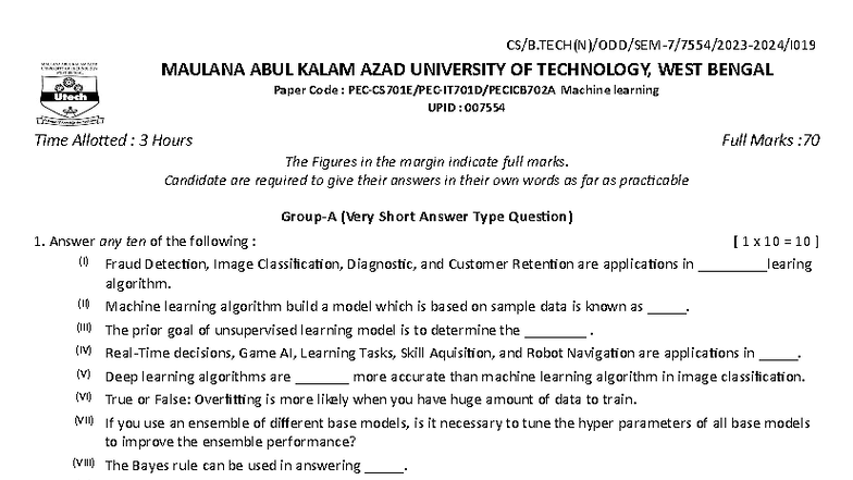BTech CSE 7th Sem Machine Learning Notes (PEC CS701E) 2024 - Studocu
