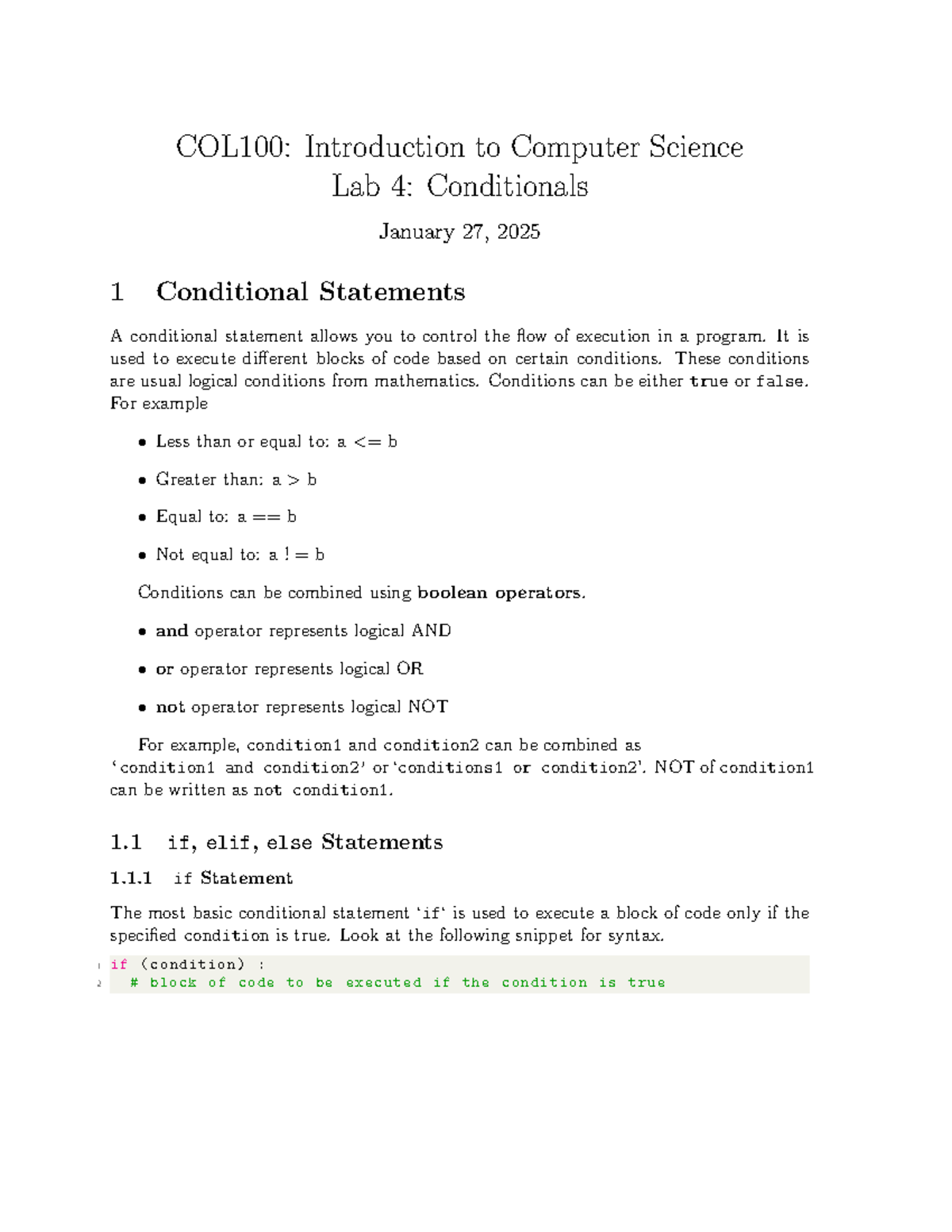 COL100: Lab 4 - Conditional Statements and Programming Tasks - Studocu