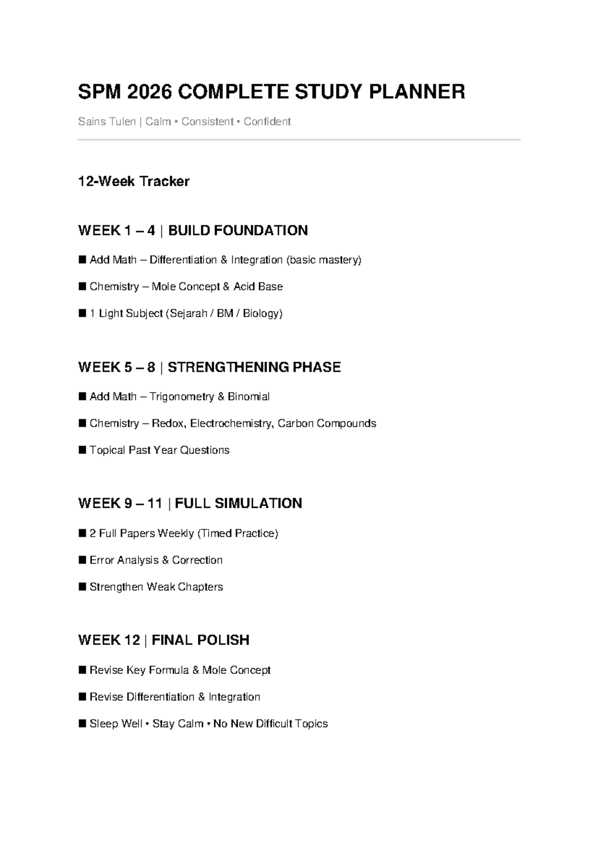 SPM 2026 Complete Study Planner: Weekly Tracker & Revision Guide - Studocu